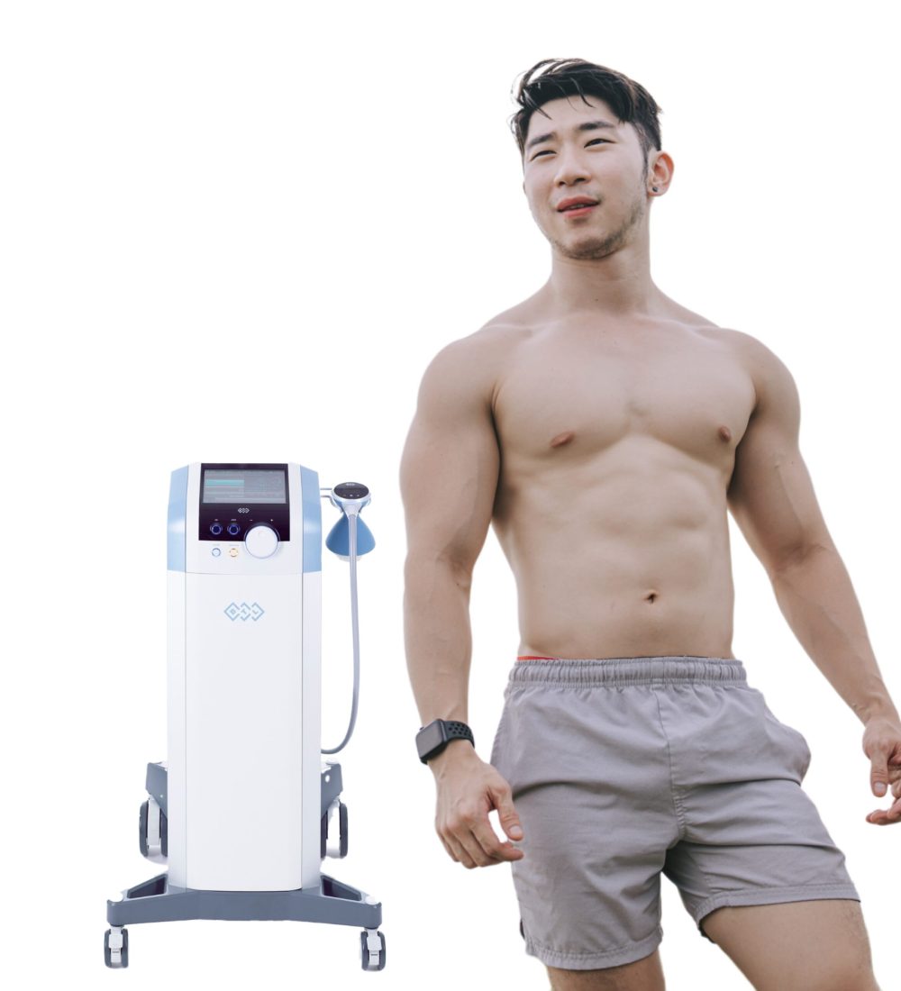 Man topless with shockwave machine